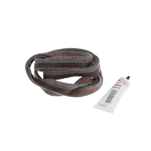 The dryer felt seal kit coiled on a light blue surface, showing the gray felt material with orange stitching lines and a small white tube of adhesive.