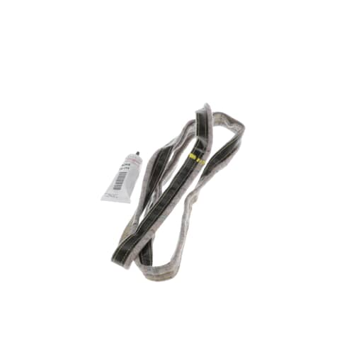 A gray/tan felt-like dryer door seal looped into an oval shape, with a small tube of adhesive standing upright inside the loop.