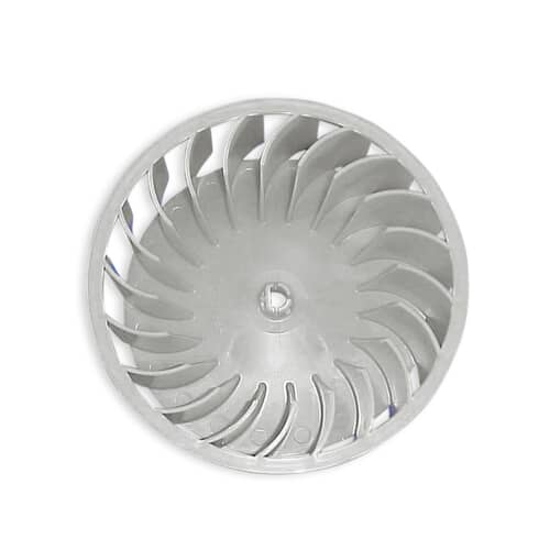 A top-down view of the light gray/white blower wheel, highlighting the central hub for motor attachment.