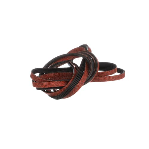 A bundle of multi-ribbed dryer belts, featuring alternating sections of black and reddish-brown textured material, against a white background.