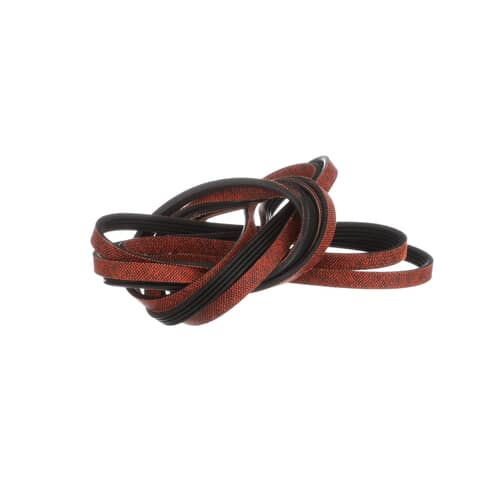 A long, thin black drive belt looped loosely on a white background.