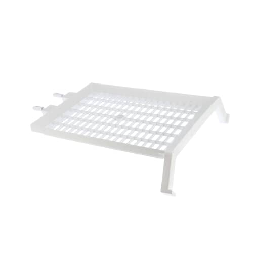 A white plastic rectangular dryer rack shown at an angle against a white background, revealing the support feet and hooks at the top.
