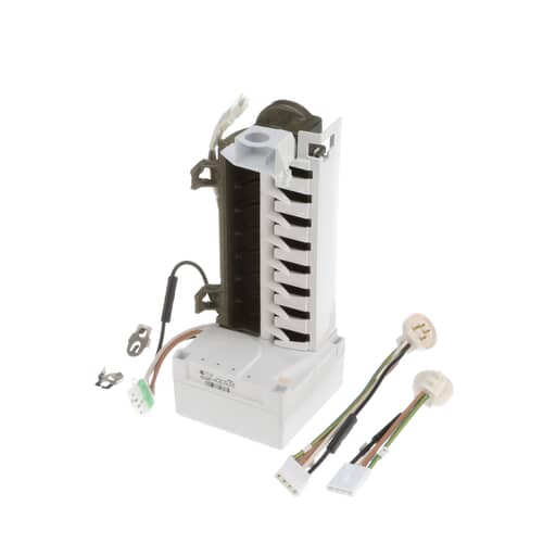 Close-up of the motor end of the icemaker kit, showing the wiring leading to three different connectors and the small bail arm mechanism.
