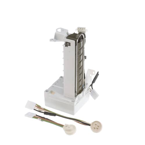 The icemaker assembly viewed from the side, highlighting the tall structure of the mold area and the motor module.