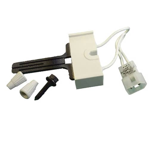 A Whirlpool dryer igniter kit on a purple/blue surface, showing the ceramic block, two wire leads, and separate mounting hardware.