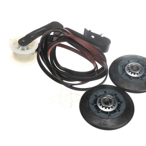 A collection of dryer maintenance parts on a white background, including a coiled black belt, two large drum rollers, an idler pulley, and a plastic bracket.