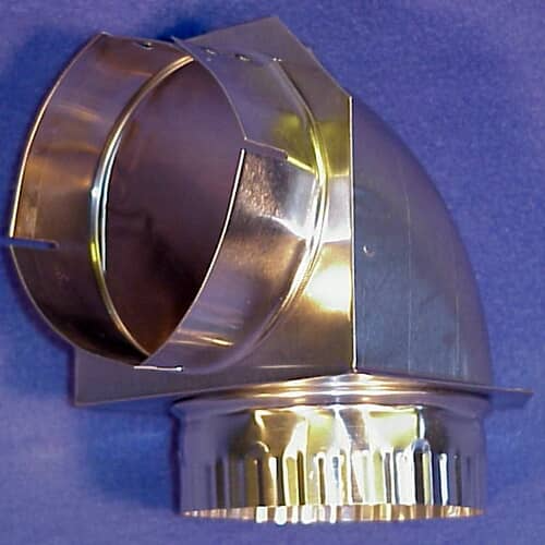 A close-up of the elbow's intake end, showing the collar designed to fit snugly over the dryer vent output pipe.