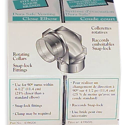Close-up of the product packaging label for the Whirlpool 4396006RW Dura Safe Close Elbow, showing the fitting components.