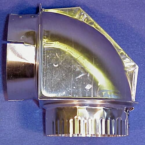 A metallic dryer vent elbow shown against a blue background, highlighting the corrugated/crimped connection end.
