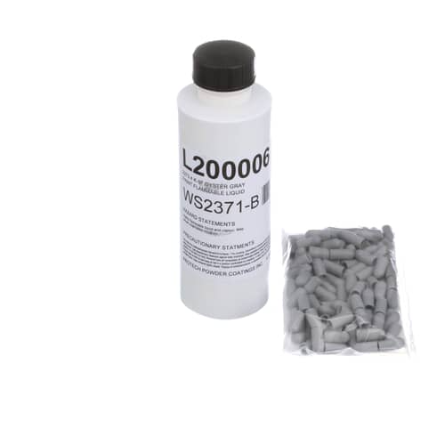 Top view of the rack repair kit showing the grey tine tips and the touch-up paint bottle.