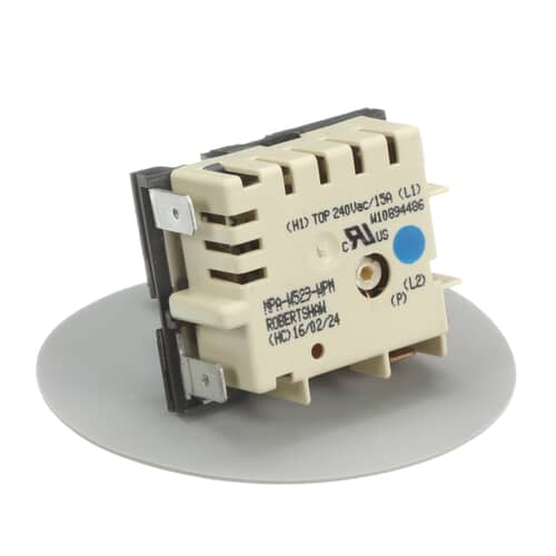 Angled view of the Whirlpool 700855K infinite control switch with the gray mounting plate.