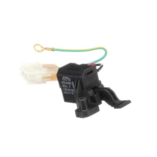 An angled view of the Whirlpool 8054980 washer lid switch assembly, providing a clear look at the actuator lever, wiring, and mounting points.