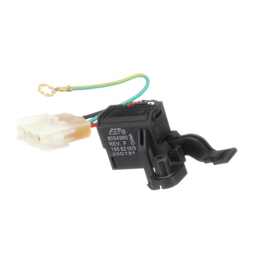 A side profile of the Whirlpool 8054980 washer lid switch, highlighting the manufacturer's part number stamped on the body and the green and yellow ground wire.