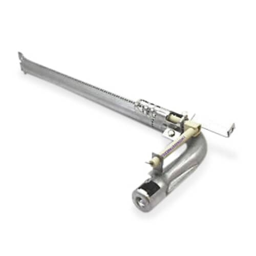 Front view of the Whirlpool 8190618 gas oven bake burner tube assembly with attached igniter.