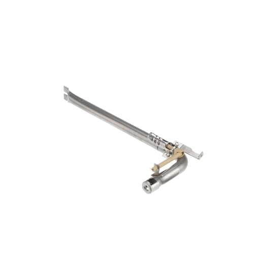 Close-up of the spark igniter and gas mixing area on the Whirlpool 8190618 bake burner assembly.