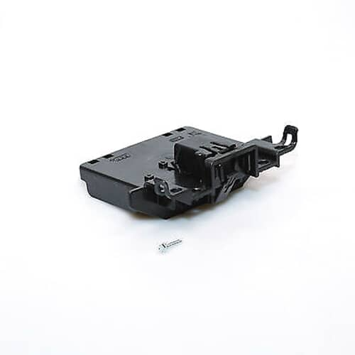 Front view of the white plastic Whirlpool 8193830 dishwasher door latch component.