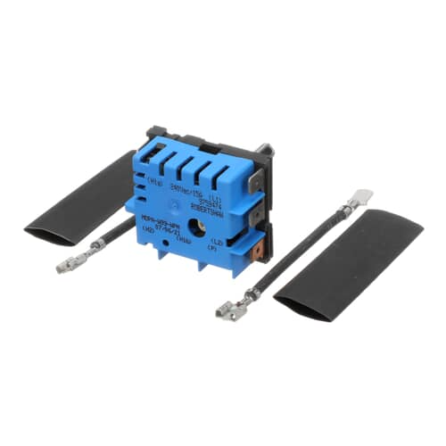 Alternate angled view of the OEM replacement 8203534 surface burner switch and wiring accessories.