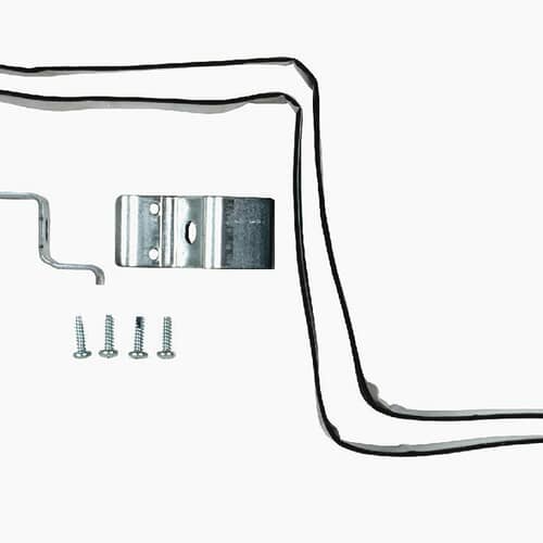 Components of the stacking kit laid out, including black securing strips, metal brackets, and mounting screws.