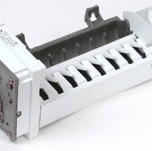 Close-up view of the ice cube mold section with white ejector blades visible inside the housing.