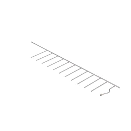 A full view of a white dishwasher tine row, highlighting the small hook on one end.