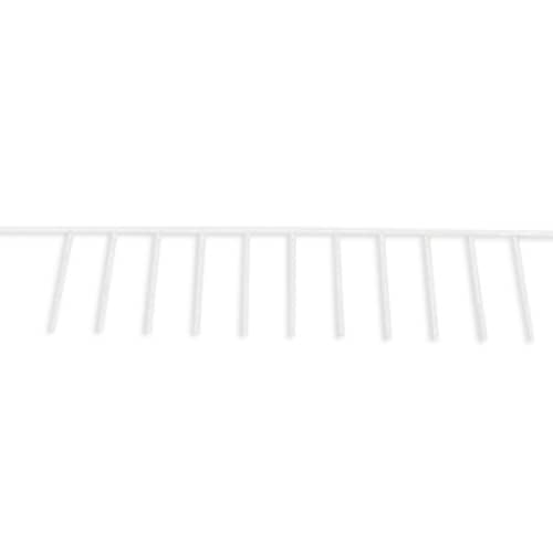 A side profile of a white dishwasher tine row, showing the evenly spaced vertical tines.