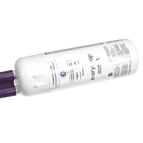 The white cylindrical water filter cartridge tilted at an angle, showing the purple connector end and the printed text on the body.