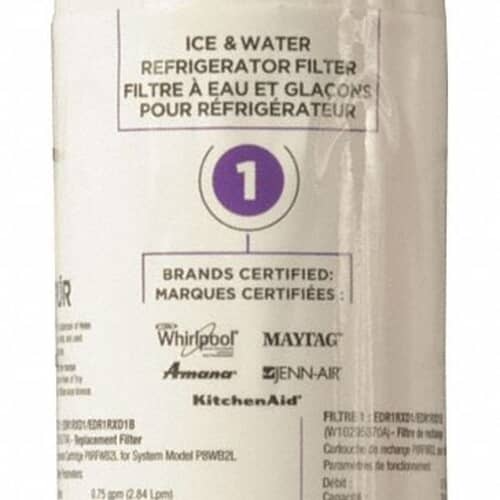 Close-up of the label on the water filter showing the certification details, the number "1" in a purple circle, and certified brands like Whirlpool and Maytag.