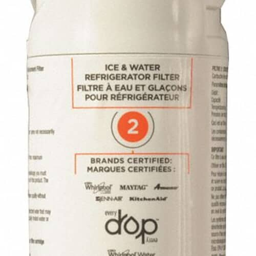 Close-up of the filter label detail confirming it is an ICE & WATER REFRIGERATOR FILTER certified for Whirlpool, Maytag, Amana, Jenn-Air, and KitchenAid brands.
