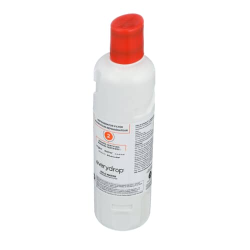 A white cylindrical Everydrop refrigerator water filter with a bright red protective cap on the top connection.