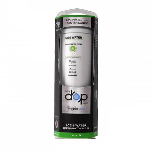 The white cylindrical water filter cartridge at an angle, showing the blue insertion tip and the filter label.