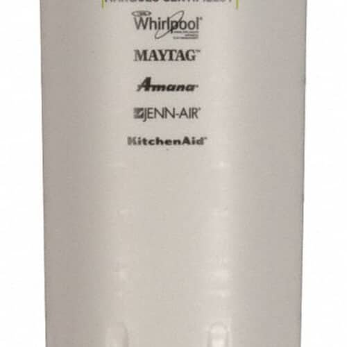 A close-up of the filter label showing certified brands: Whirlpool, Maytag, Amana, Jenn-Air, and KitchenAid.