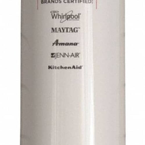 Close-up detail of the filter label confirming certification by Whirlpool, Maytag, Amana, Jenn-Air, and KitchenAid brands.