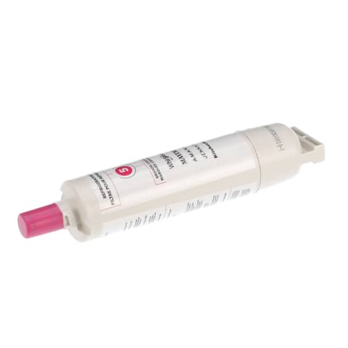 The cylindrical white water filter lying horizontally, showing the pink protective cap on the push-in end.