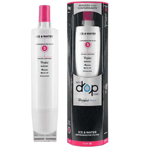 The Whirlpool EDR5RXD1 refrigerator water filter shown next to its retail packaging box, which highlights "Filter 5" and the Everydrop logo.