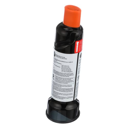 A black cylindrical refrigerator water filter with an orange cap on top, shown at an angle against a white background.