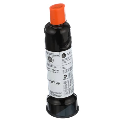 A side view of the black water filter showing the printed white label detailing certifications and brands.
