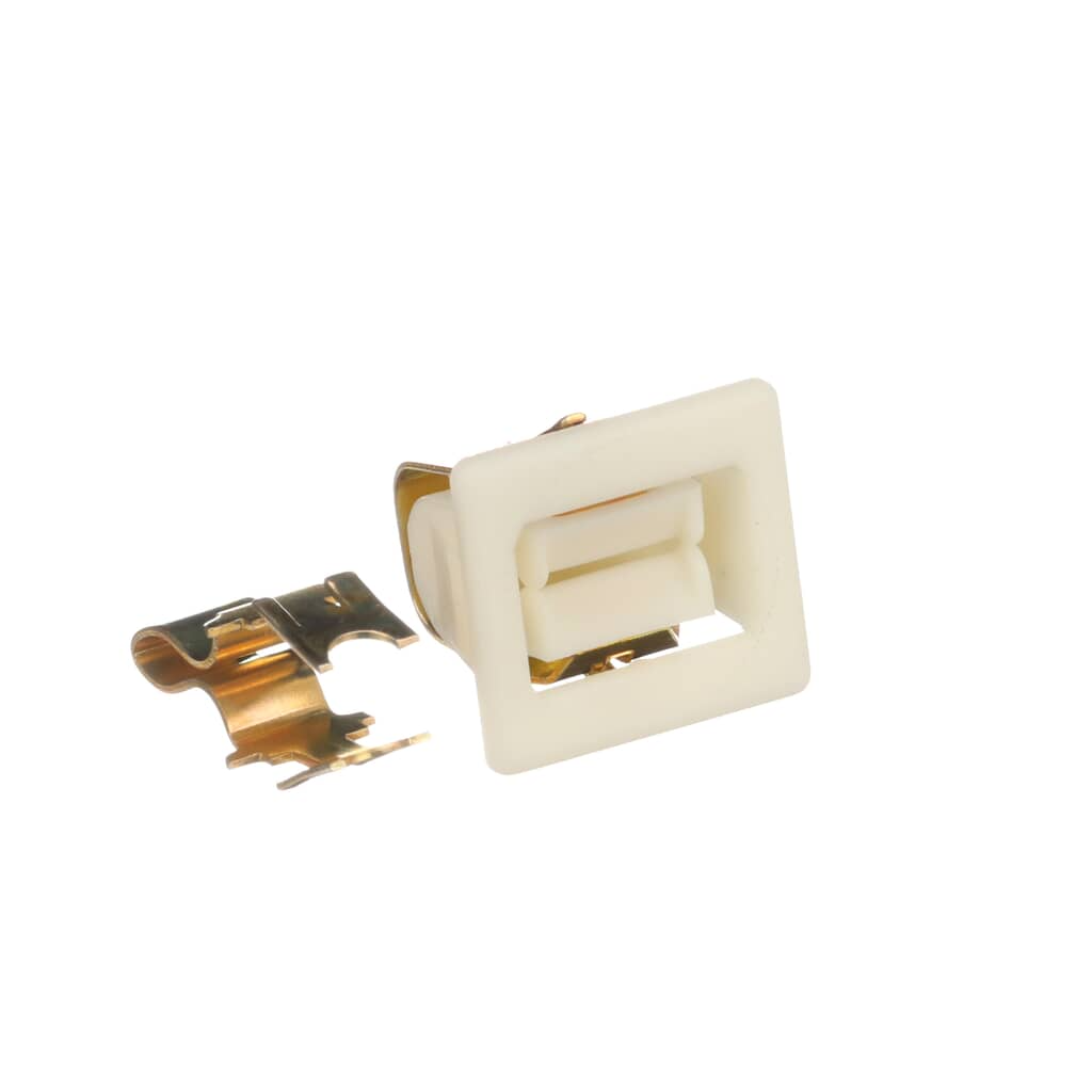 The door catch kit showing the white plastic switch housing next to a curved, gold-colored metal retaining clip, isolated on white.