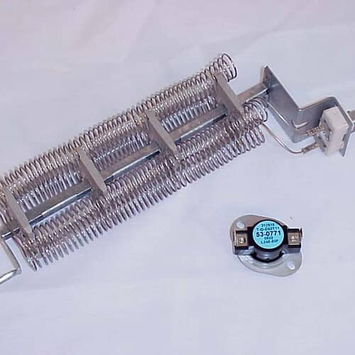 A close-up view of the heating coils and mounting bracket against a light blue surface, showing the metallic construction.