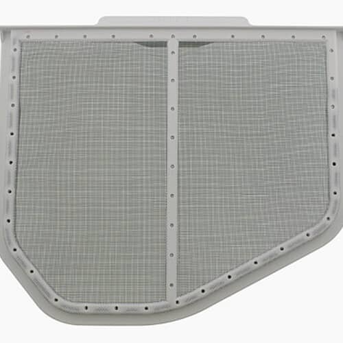 A top-down view of the dryer lint screen assembly against a white background, showing the outer white frame and fine mesh.