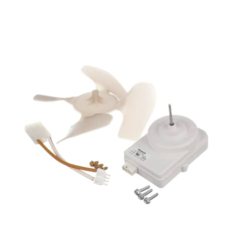 A white refrigerator fan motor kit showing the square motor housing, a four-blade fan, wires with connectors, and mounting screws.