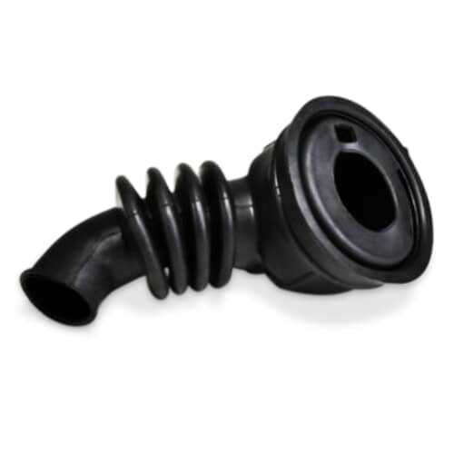 An angled view of the Whirlpool washer tub-to-pump hose, showing the interior of the large tub connection and the bellowed midsection.