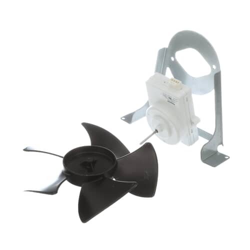 Condenser motor kit with separate black fan blade, white motor, and metallic mounting bracket.