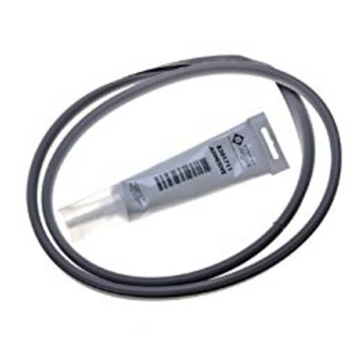 A gray rubber door seal looped around a small tube of adhesive on a white background.