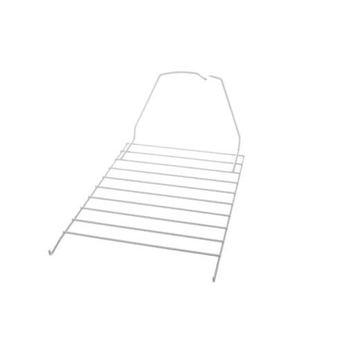 A white wire dryer rack shown at an angle on a white background, highlighting the grid structure and the hooks at the bottom.