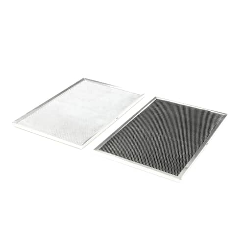 Angled view of the Whirlpool W10386873 charcoal range hood filter 2-pack.