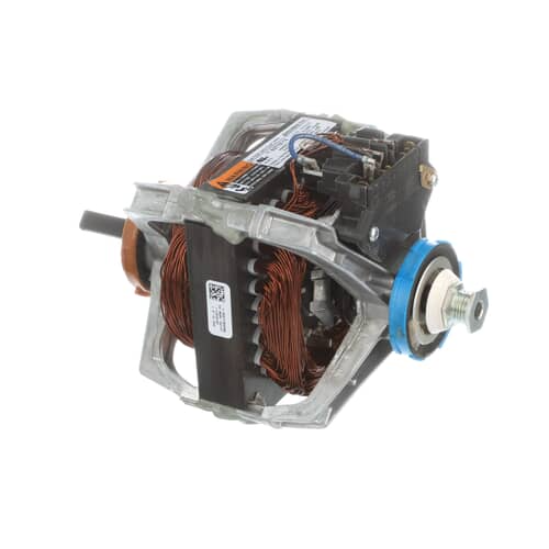 The dryer drive motor next to its instruction manual and a small bag of hardware, all set against a white grid.