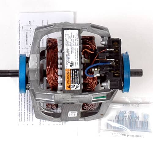 A complex electric dryer motor assembly showing the copper windings encased in a metal frame, with the drive shaft protruding to the left.