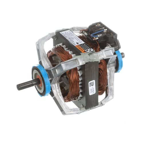 A slightly angled view of the motor assembly against a white background, showing the blue plastic end caps and the electrical connection box.