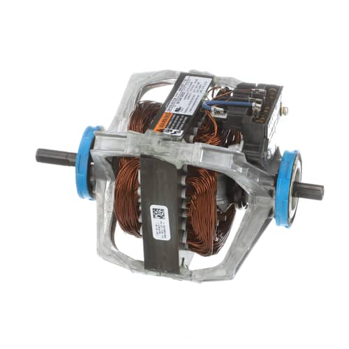 The dryer drive motor pictured with accompanying paperwork (instruction sheet) and a small plastic bag of hardware against a white grid background.