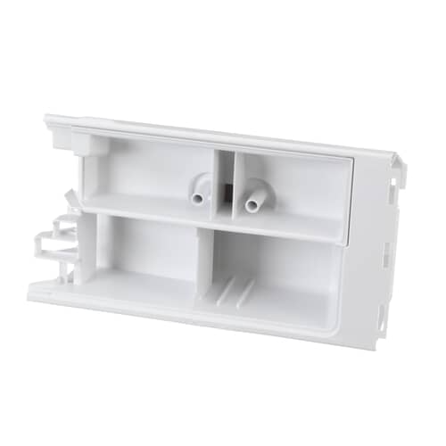 An angled perspective of the white plastic Whirlpool W10432321 washer dispenser drawer, showing the interior compartments and the front face.